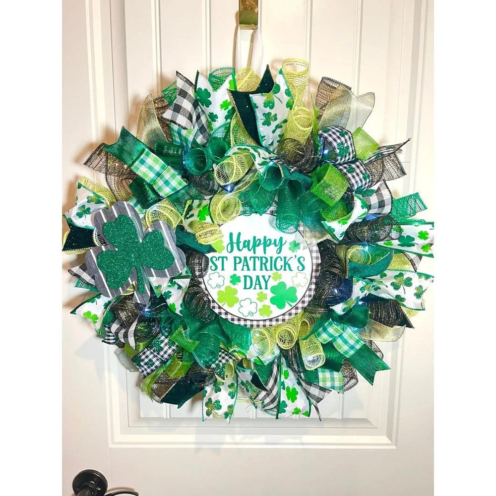 Handmade Happy St. Patrick’s Day Ribbon Prelit Wreath 22 ins LED W7
